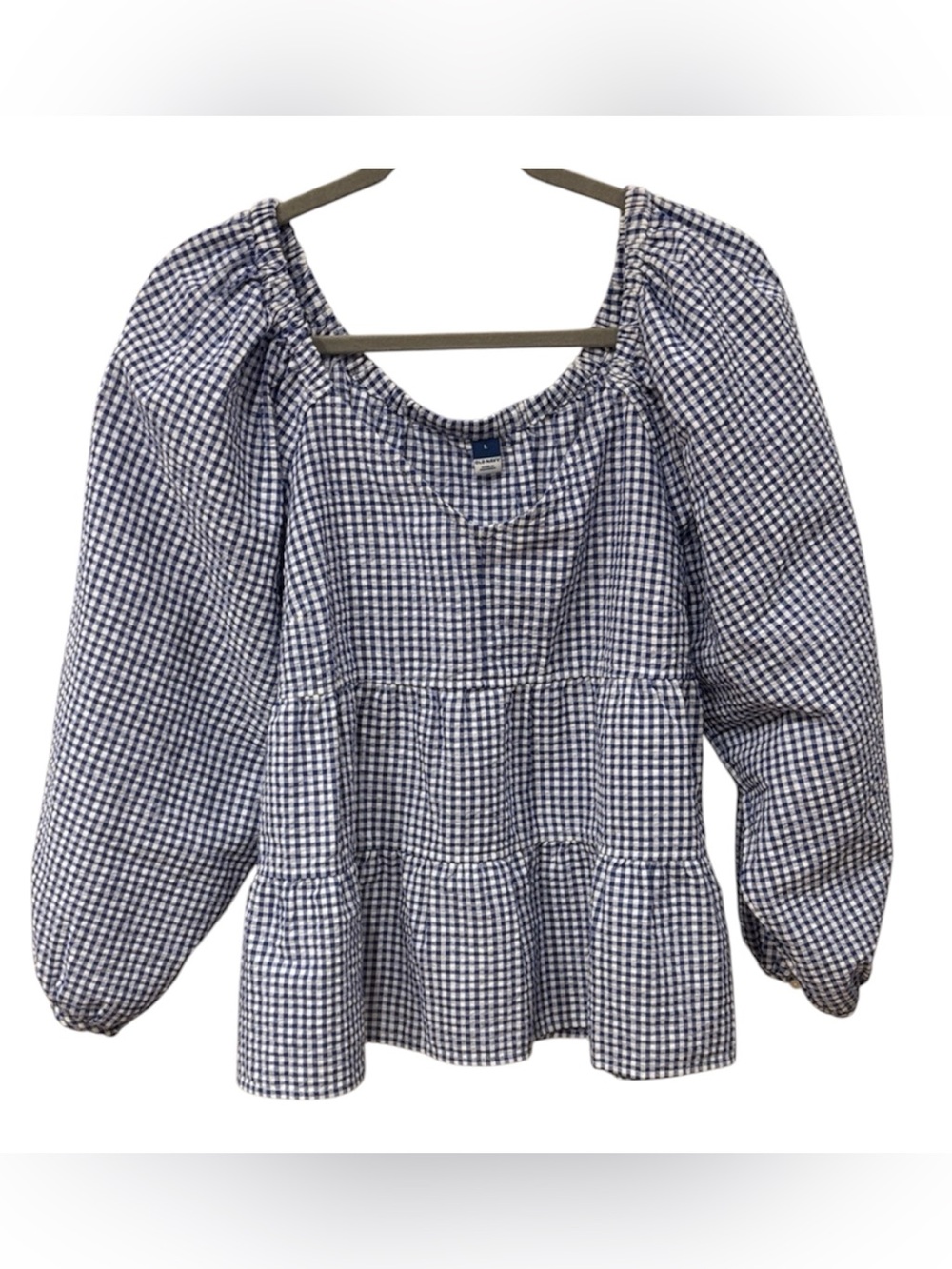 Old Navy Blue White Gingham Peasant Puff Sleeve Blouse Size L